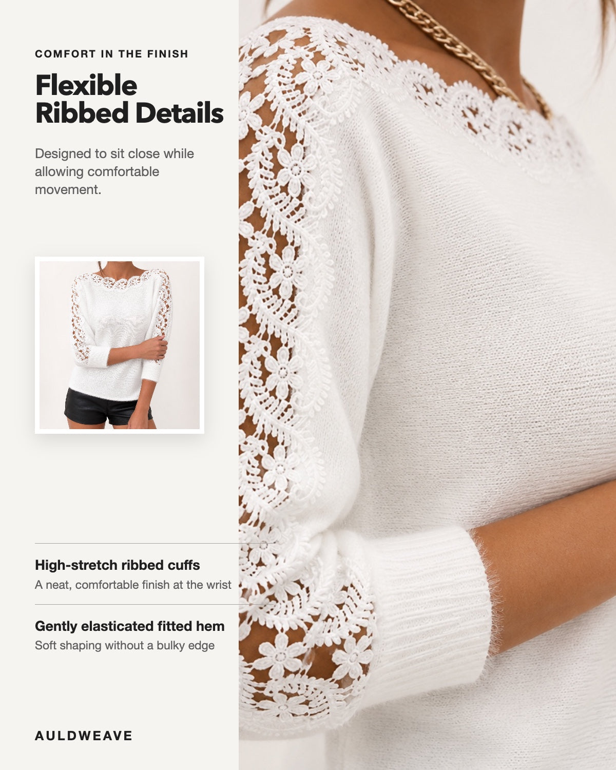 Flexible ribbed cuffs and gently elasticated fitted hem on the Pearl White knit top