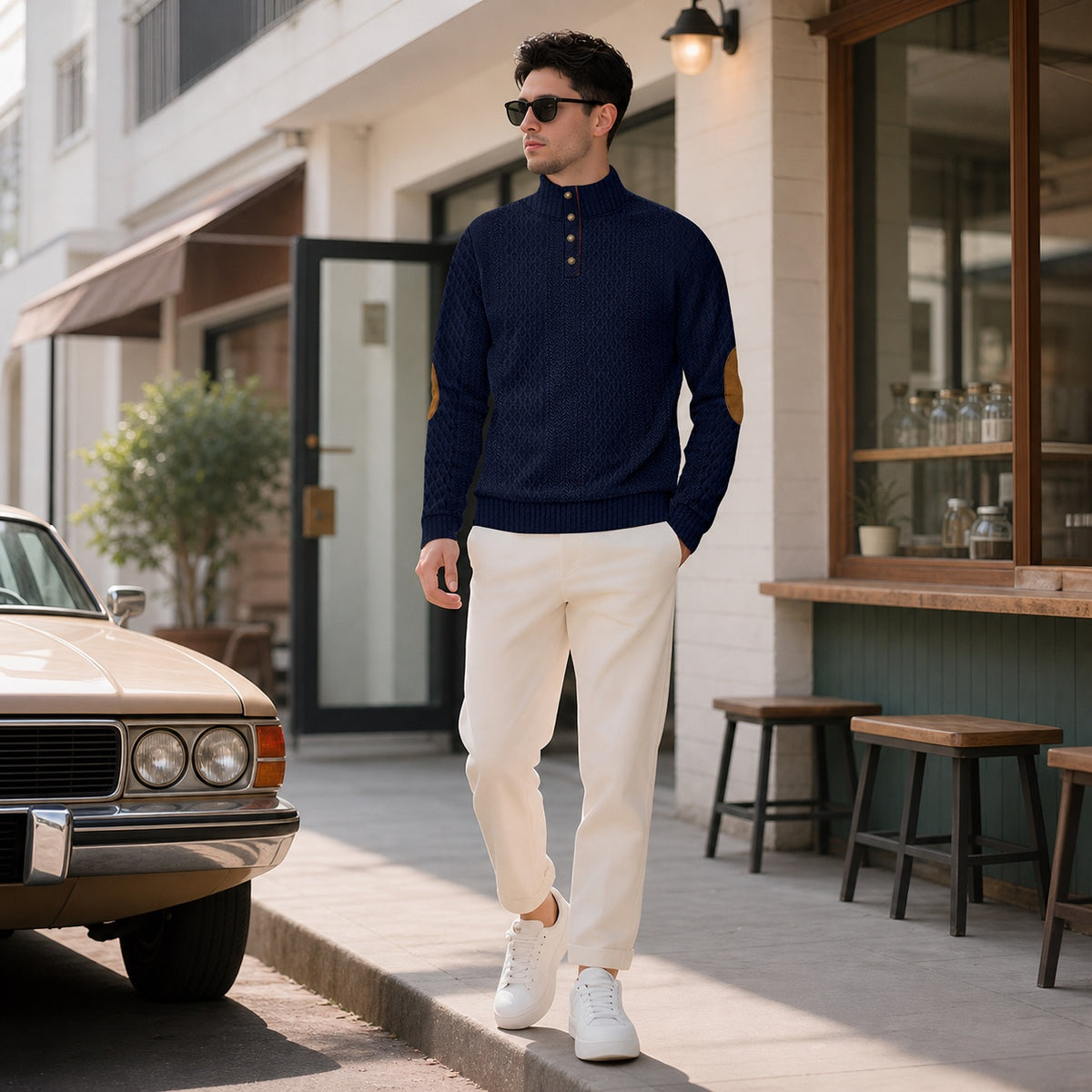 Man wearing a navy textured stand-collar pullover with tan elbow patches outside a café