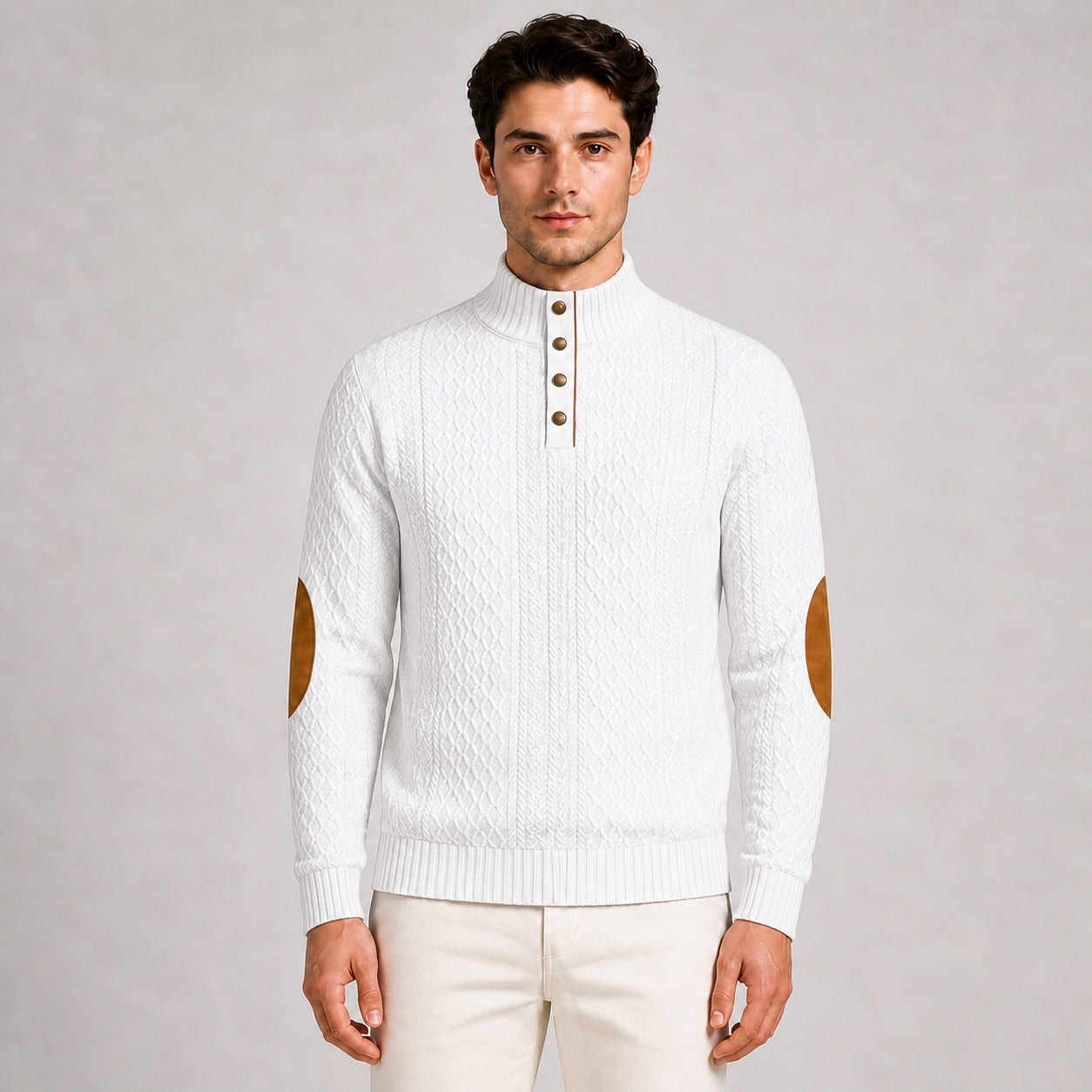 Model wearing the White men's textured stand-collar pullover, front upper-body studio view