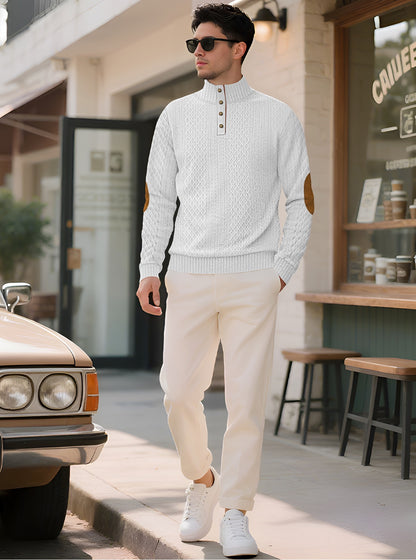 Model wearing the White men's textured stand-collar pullover outside a café, front lifestyle view