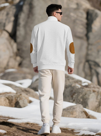 Model wearing the White men's textured stand-collar pullover in a snowy mountain setting, back lifestyle view